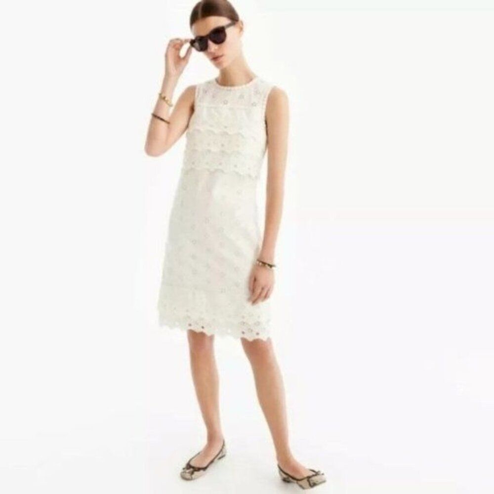 J. Crew Women Tiered Eyelet Ivory Cotton Sleeveless Round Neck Mini Dress Size 4